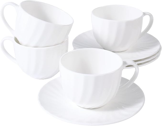 Fine Bone China Cappuccino Mugs Set of 4, 7 Oz Spiral Pattern Lightweight Ceramic, Art Coffee Cups with Saucers, for Latte, Mocha, Tea, Espresso, Macchiato, Americano