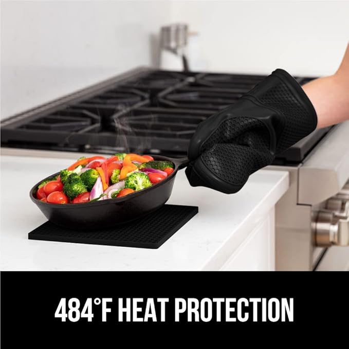 GORILLA GRIP BPA-Free Soft Silicone Oven Mitts and Pot Holders Sets of 4, Heat Resistant Waterproof Cooking Gloves, Thick Cotton Lining, Flexible Gripping for Baking Grilling, Kitchen Trivets, Black