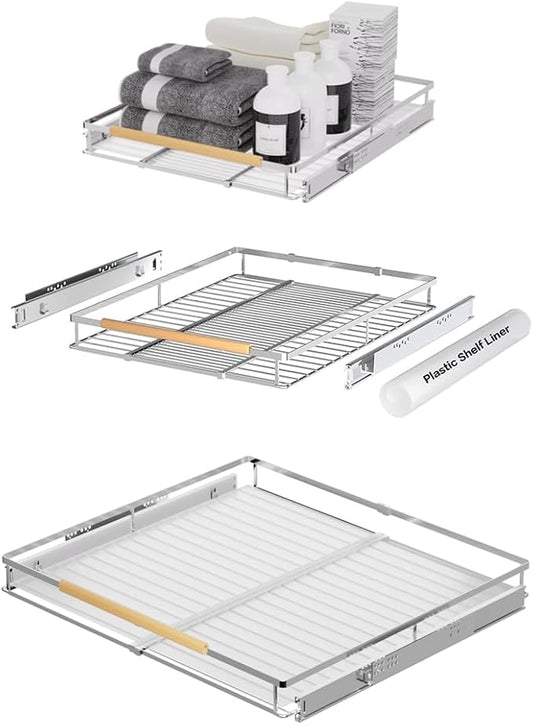 Large Expandable Pull Out Cabinet Drawer, Heavy Duty Slide Out Basket Cabinet Organizer for Kitchen, Under Sink, Bathroom, Wardrobe, 17''-28''W(3 Pack)
