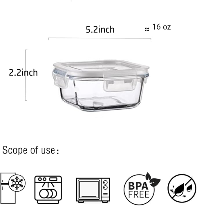 16PC Square Glass Storage Containers With Lids, 2 Cup Square Glass Food Containers With Lids, BPA free Small Meal Prep Bowls for leftovers, Dishwasher, Freezer Safe (8 lids & 8 Containers)