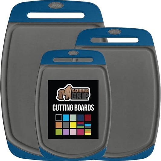 GORILLA GRIP BPA-Free Reversible Kitchen Cutting Board Set of 3, US Designed, Nonporous, Juice Grooves Catch Liquid, Slip Resistant Border, Dishwasher Safe, Durable Food Chopping Boards, Blue Gray