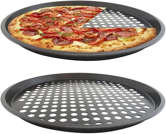Perforated Pizza Pan, 2-Pack Oven Ready Pizza Tray, Carbon Steel Perforated Pizza Pan, Non-Stick Round Pizza Baking Pan for Frozen and Homemade Pizza Home Kitchen Restaurant - 11 Inch, Black