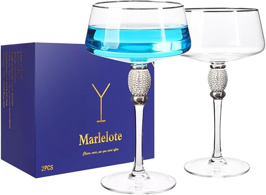 Silver Martini Glasses,Coupe Glass set of 2,Cocktail Glasses,Silver Rimmed&Rhinestones,Margarita Glasses,Champagne Tower,Scocktail Glass,Art Deco Glassware,Home Parties,9OZ.