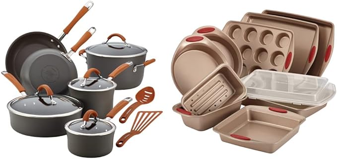 Rachael Ray Cucina Dishwasher Safe Hard Anodized Nonstick Cookware Pots and Pans Set, 12 Piece, Gray with Orange Handles & Cucina Nonstick Bakeware Set, 10 Piece, Latte Brown with Cranberry Red Grips