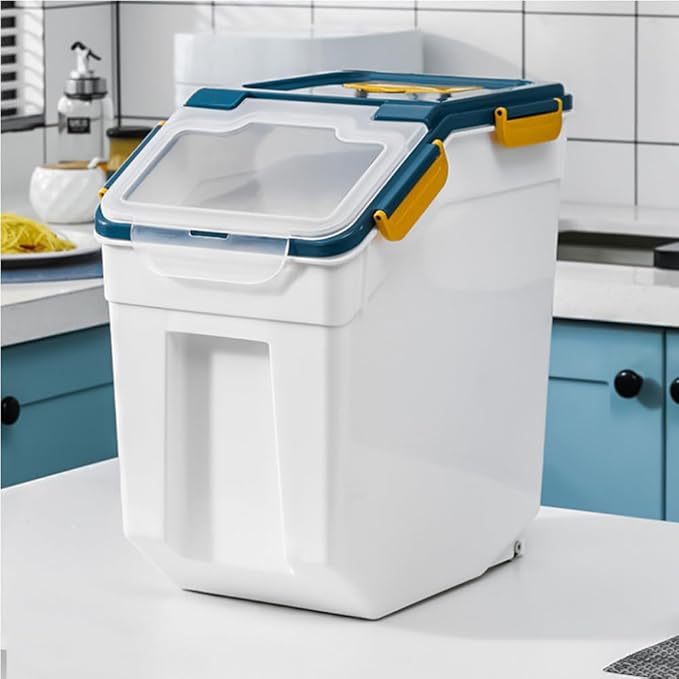 Large Flour Storage Container Bin 25lb, 4Pack Airtight Rice Storage Containers with Wheels Seal Locking Lid, BPA Free with Measuring Cup&Scoop for Flour, Rice, Grain(Blue)