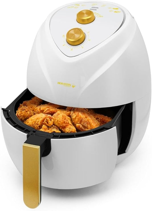 Holstein Housewares 4.8QT Air Fryer Golden Elegance. Hot Air Technology & PFOA Free Non Stick Coating for Less Oil Use with Led Display. No Pre Heating, Fry, Bake, Grill and Roast. White & Gold