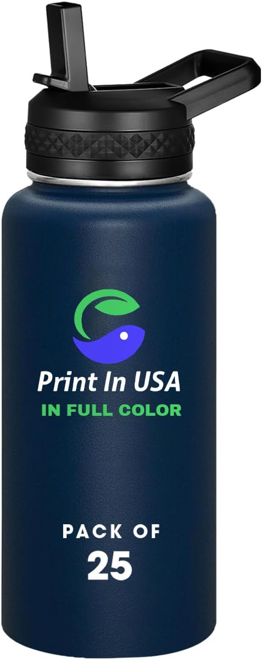 Personalized Custom Print in USA Water Bottle 25Pcs 32oz Stainless Steel Double Wall Coffee Cup with Lid & Straw Insulated Tumbler with Colorful Text Logo Photo
