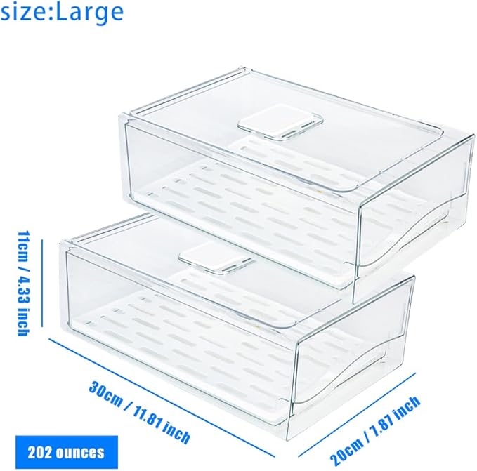 Refrigerator Drawers Pack of 2 With Pull Out Stackable Fridge Organizer Bins, Clear Cabinet Organizers for Kitchen Pantry Food Containers Produce Storage (2 Drawer,Large)