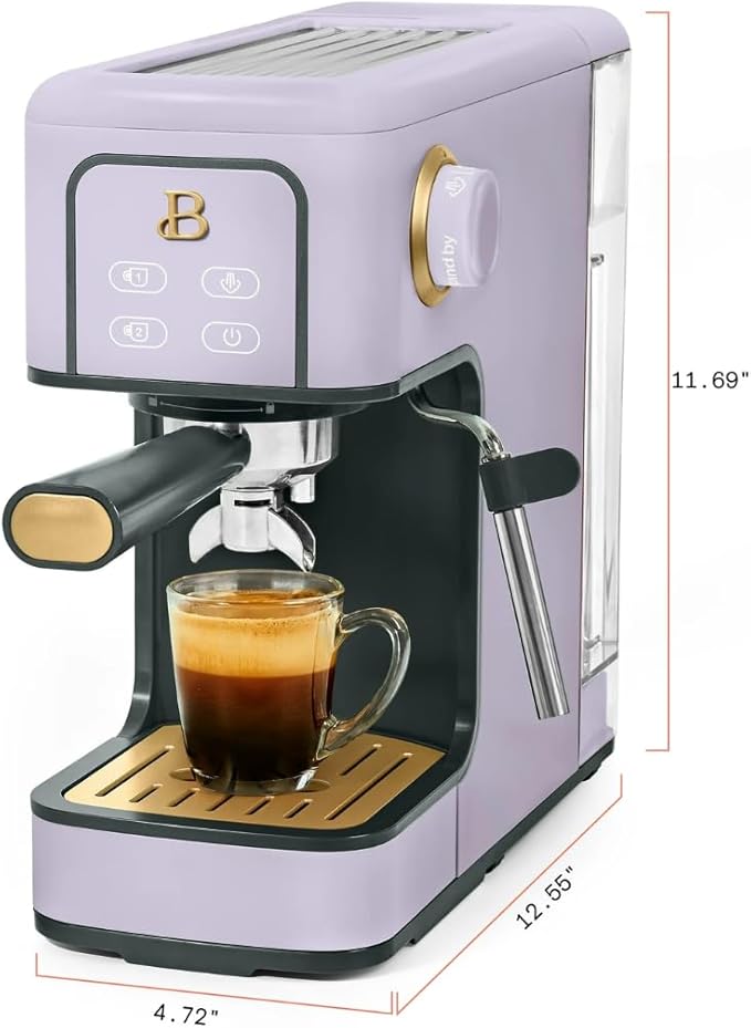 Beautiful Slim Espresso Maker by Drew Barrymore – 20‑Bar Pressure, Dual‑Spout 52 mm Portafilter, 50 oz Removable Tank, 2‑in‑1 Steam Wand & Touch Controls (Lavender)