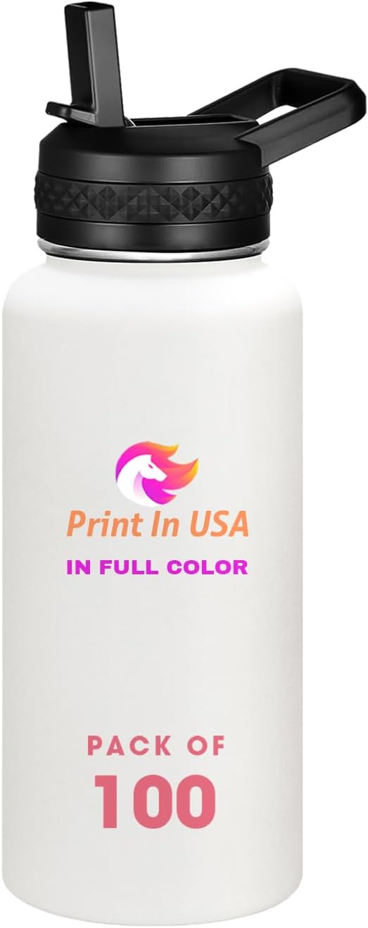 Personalized Custom Print in USA Water Bottle 100Pcs 32oz Stainless Steel Double Wall Coffee Cup with Lid & Straw Insulated Tumbler with Colorful Text Logo Photo