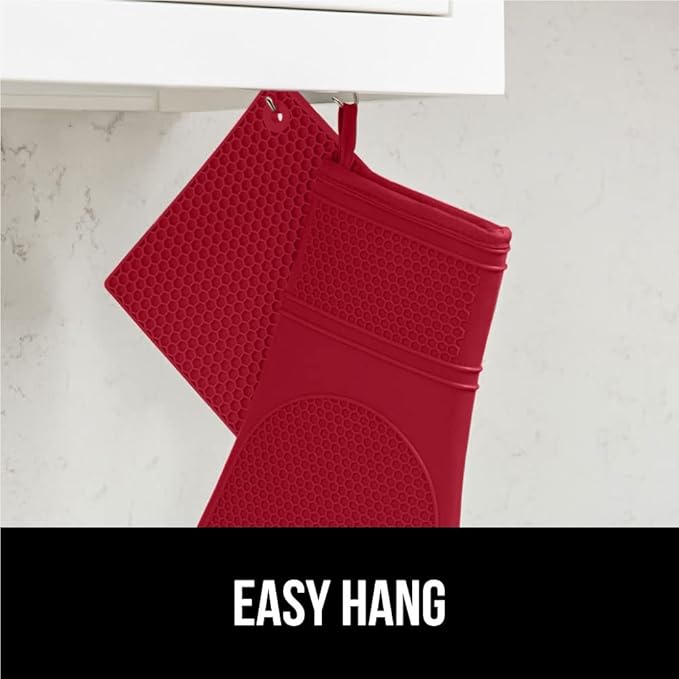 GORILLA GRIP BPA-Free Soft Silicone Oven Mitts and Pot Holders Sets of 4, Heat Resistant Waterproof Cooking Gloves, Thick Cotton Lining, Flexible Gripping for Baking Grilling, Kitchen Trivets, Red