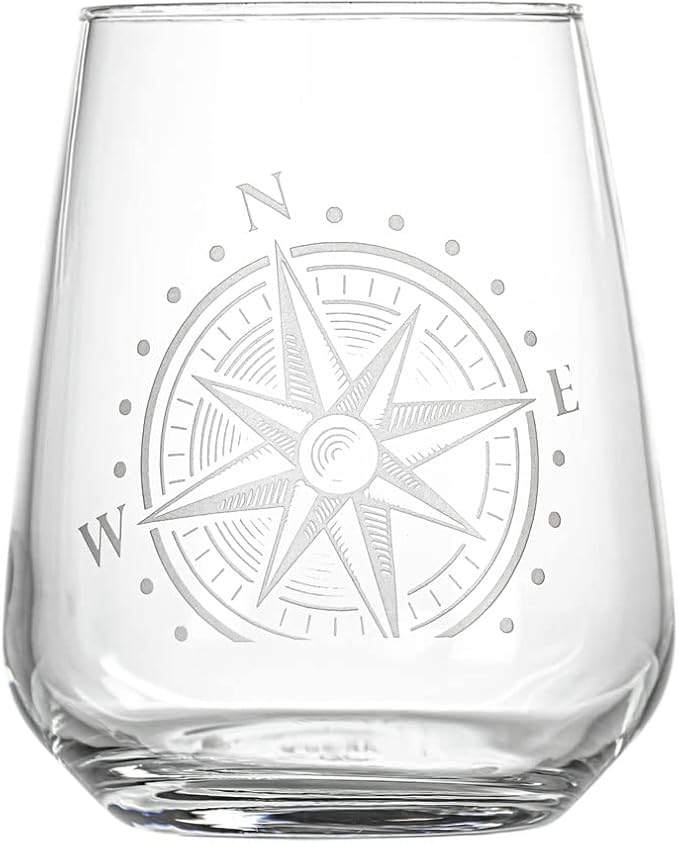 Rolf Glass Compass Star Stemless Wine Glass | 15.75 Ounce Stemless Tumblers | Set of 4 | Nautical Themed Glassware | Stylish Drinkware for Wine Lovers