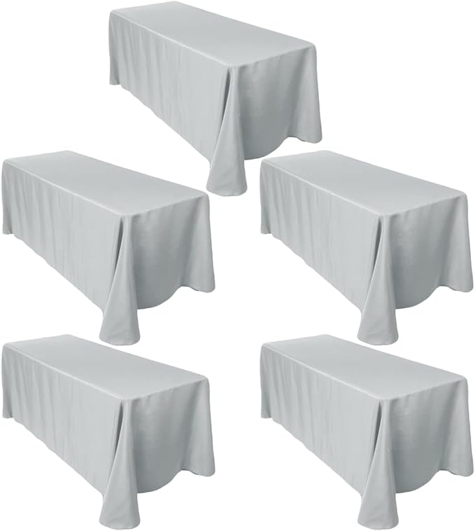 LTC LINENS 5-Pack Rectangular Tablecloths 90 in x 156 in with Rounded Corners - Grey/Silver Table Covers for 8 ft Tables with Floor-Length Drop - Polyester Fabric Cloth for Wedding, Party