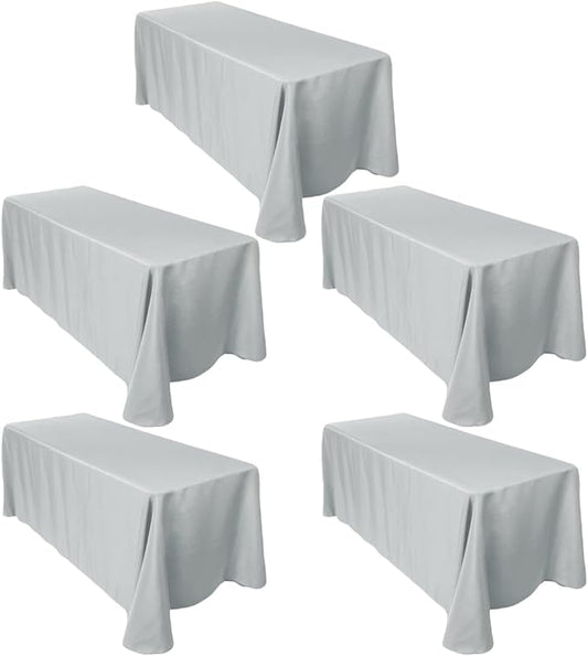 LTC LINENS 5-Pack Rectangular Tablecloths 90 In x 132 In with Rounded Corners - Grey/Silver Table Cloths for 6 ft Rectangle Tables Floor Length - Polyester Fabric Cloth Table Covers for Wedding, Party