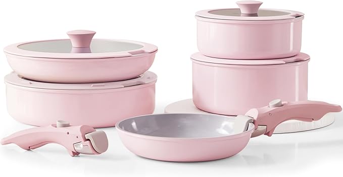 Pink Non Stick Pot and Pan Sets with Removable Handle, Ceramic Cookware Set Detachable Handle, Induction Kitchen Camping Stackable Pots Pans, Dishwasher/Oven Safe, PTFE/PFOA/PFOS Free