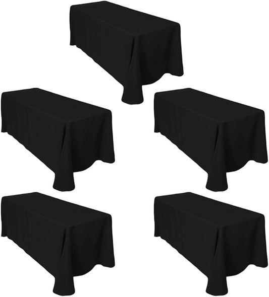 LTC LINENS 5-Pack Black Rectangular Tablecloths 90 in x 156 in with Rounded Corners - Ideal for 8 ft Tables with Floor-Length Drop - Polyester Fabric Cloth Table Covers for Wedding, Party