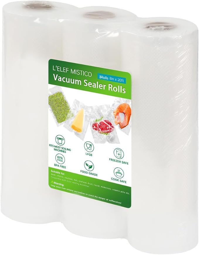 L'ELEF MISTICO Vacuum Sealer Bags for Food, 8''X20' (3 Rolls) BPA Free Food Saver Bags for Sealer, Customized Size Vacuum Storage Bags for Sous Vide or Meal Prep