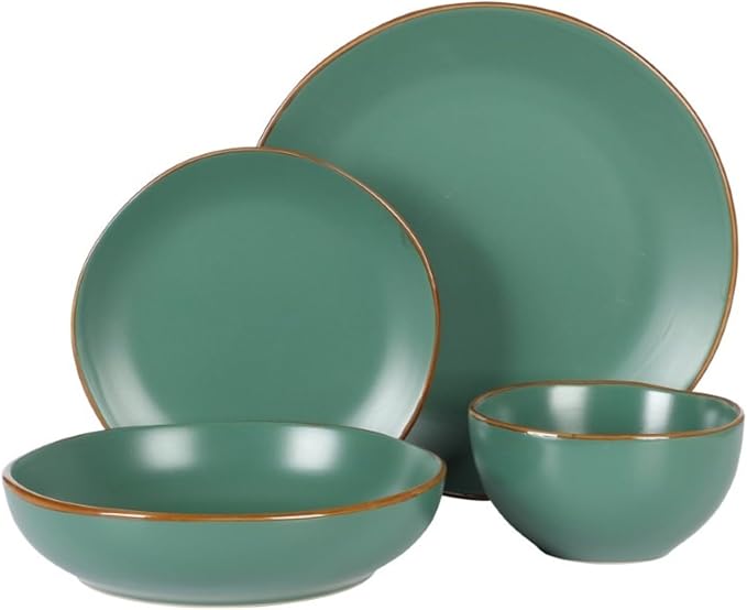 Gibson Home Hazeltine 16 Piece Plates and Bowls Dishes Stoneware Ceramic Dinnerware Set - Green