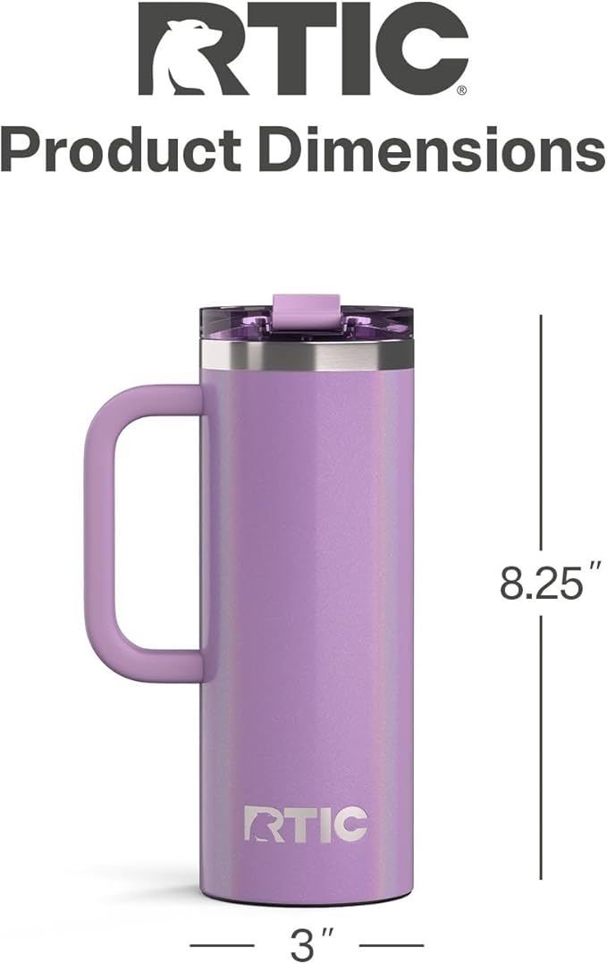 RTIC 20oz Road Trip Travel Mug with Lid and Handle, Ceramic Lined, Insulated, Stainless Steel, Metal, Double Wall Vacuum-Insulation, Portable Coffee, Tea Cup for Hot and Cold Drink, Lavender Glitter