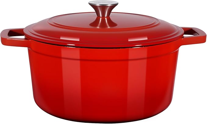 VEVOR Enameled Cast Iron Dutch Oven, 6 Quart Pot with Lid and Dual Handles, Heavy-Duty Durable Cookware Pan, Oven Induction Compatible up to 500℉, for Braising, Stews, Roasting, Bread Baking, Red