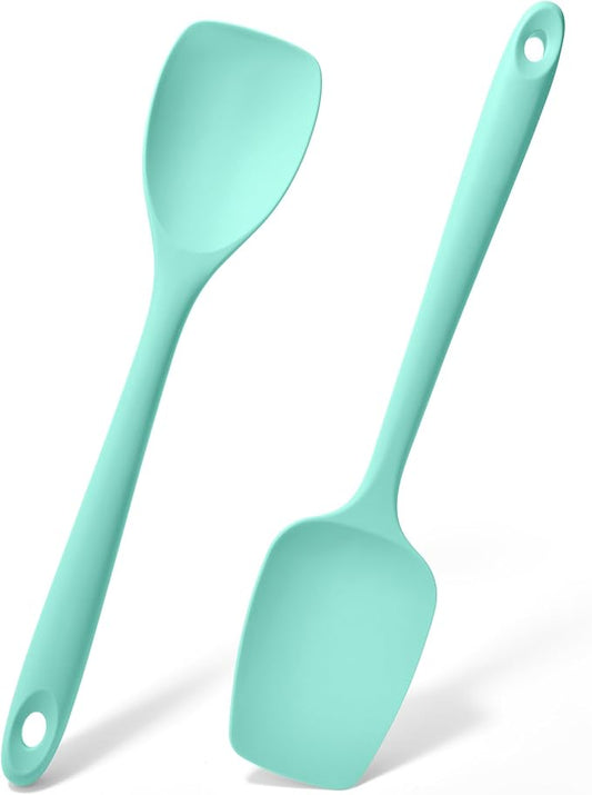Doosu Silicone Spoon Spatula Set of 2, 600ºF Heat-Resistant Food Grade Rubber Spoonula with Seamless Design, Non-Stick Dishwasher Safe Kitchen Utensils for Cooking, Baking, Mixing, Scraping (Aqua Sky)