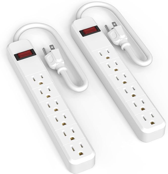 2-Pack Wall-Mountable Power Strip with 6 Outlets, Overload Protection Switch, 14 Gauge 1.5FT Cord, ETL Listed, Slim Design for Narrow Spaces, 15A/125V/1875W, Ideal for Home, Office, Kitchen, Travel