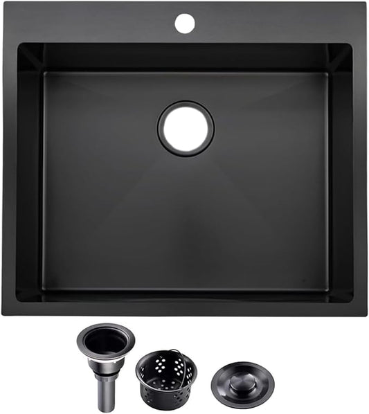 25x22 Inch Black Drop In Kitchen Sink, 25 Inch Gunmetal Black RV Laundry Utility Sinks, Top Mount 16 Gauge Stainless Steel Single Bowl Deep Small Kitchen Sink