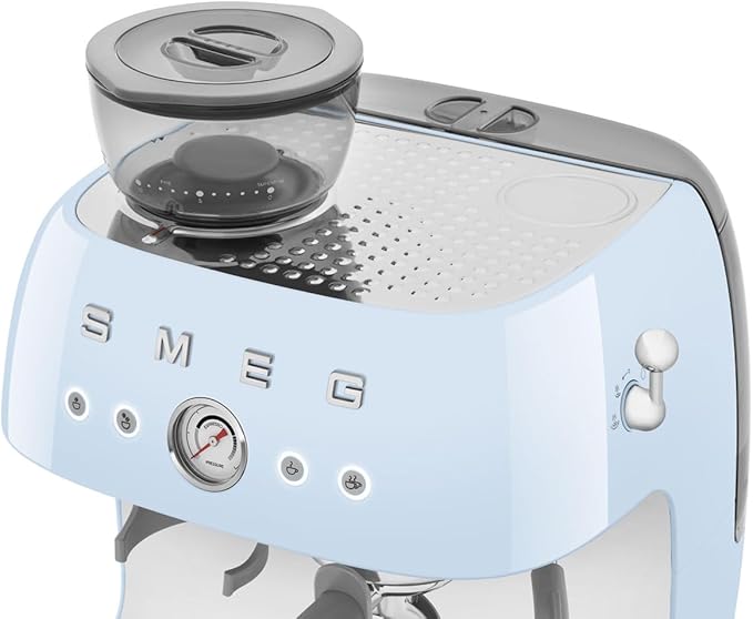 Smeg EGF03 Semi-Automatic Espresso Machine with Built-In Grinder, Dual Thermoblock, 50’s Retro Style – Pastel Blue (120 V)