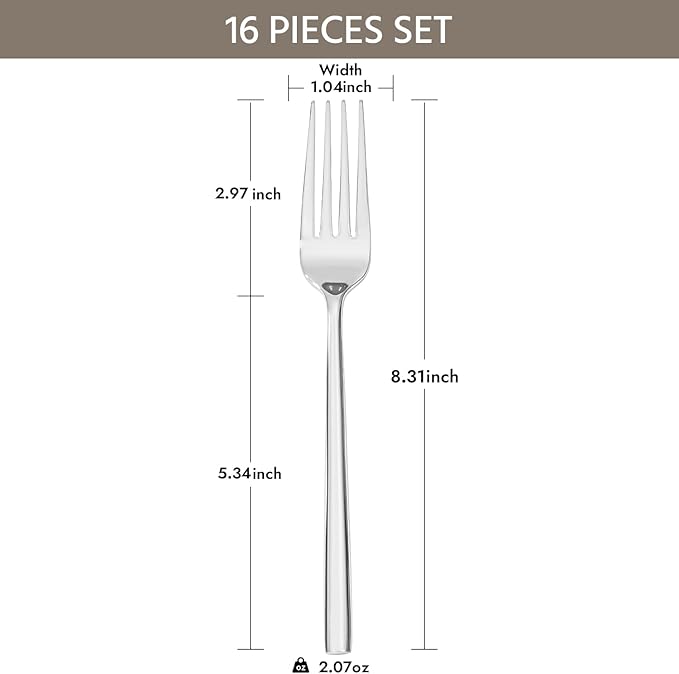 KINGSTONE Dinner Forks Set, 16-Piece Silverware Flatware Cutlery Dessert Forks (8.3-Inch), Forged Food-Grade Stainless Steel, Mirror Finish & Dishwasher Safe, Use for Kitchen, Home, Wedding, Party