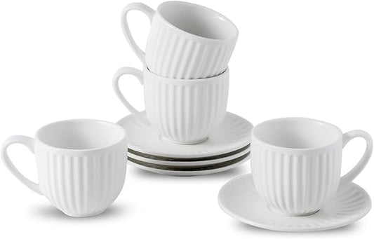 Hasense Porcelain Cappuccino Cups and Saucers Set of 4,White Ribbed 6 Oz Demitasse Tea Cup with big Handle, Mugs Set for Coffee,Tea,Latte and Mocha, Aesthetic Gift for Anniversary or Holiday