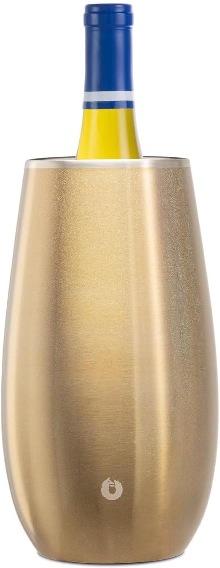 SNOWFOX Premium Vacuum Insulated, Triple Walled, Stainless Steel Wine Chiller w/Optimal fit to keep wine cold longer. Fits most Wine and Champagne Bottles. Non-Slip Silicon Base, Shimmer Gold