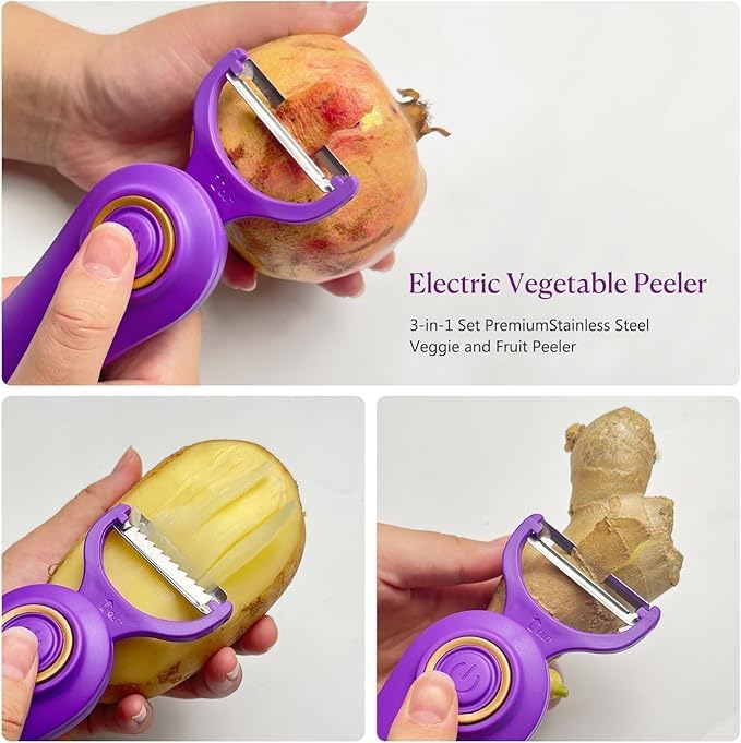 3-in-1 Electric Peeler | Auto Blade for Fruits/Vegetables | 3 Interchangeable Blades | Type-C Charging,Battery Capacity 1500 mAh | Kitchen, Travel, Camping