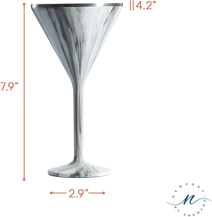 NEWPORT Stemware Collection Premium Vacuum Insulated Stainless Steel Martini Glasses, Lightweight Margarita Glasses, Unbreakable & Drinks Stay Cold, Non-Slip Base, Cocktail Glasses, 8oz, Marble