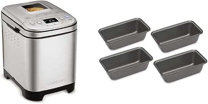 Cuisinart Bread Maker Machine, Compact and Automatic, Customizable Settings, Up to 2lb Loaves, CBK-110P1, Silver,Black & CMBM-4LP Mini Loaf Pan (Set of 4)