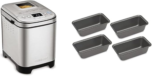 Cuisinart Bread Maker Machine, Compact and Automatic, Customizable Settings, Up to 2lb Loaves, CBK-110P1, Silver,Black & CMBM-4LP Mini Loaf Pan (Set of 4)