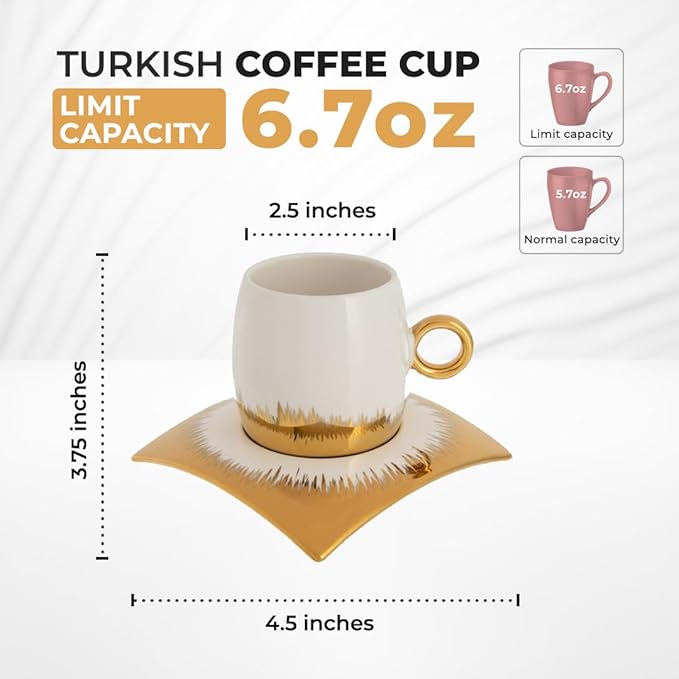 Turkish Coffee Cup Set of 6 with Saucers & Tray - Luxury Arabic Greek Japanese Marble Ceramic Tea Cups for Espresso Cappuccino Latte Mocha, Ideal Gift - 6.7oz,- Assorted Colors