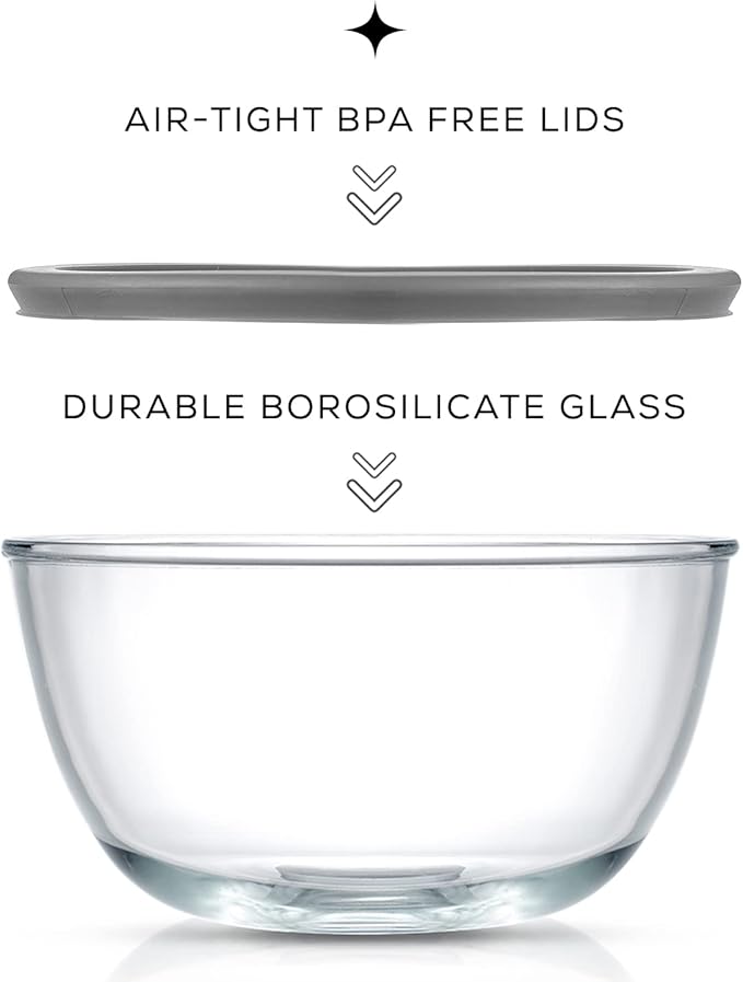 JoyJolt Kitchen Mixing Bowls - 8pc Glass with Lids Set – Neat Nesting Large Bowl Batter Cooking Storage and Big Salad BPA-Free Gray