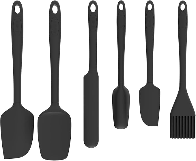 Silicone Spatula Set, 6 Pieces Food Grade Kitchen Utensils with Silicone Brush Heat Resistant Dishwasher Safe BPA-free Rubber Spatula for Scraping, Baking, Cooking, Mixing (Black)