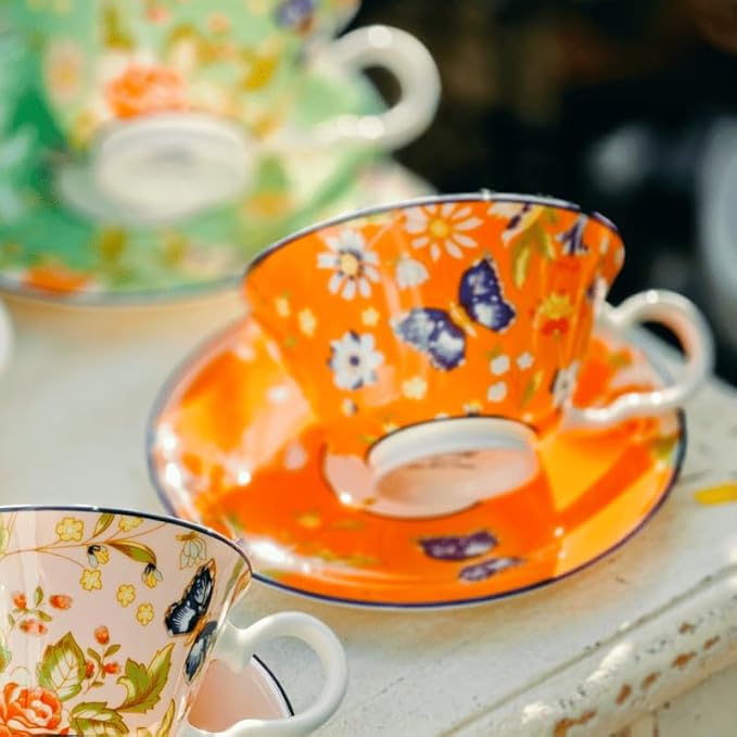 Aynsley Cottage Garden Windsor Fine Bone China English Tea Cup and Saucer Set, 7.4 oz (Orange)