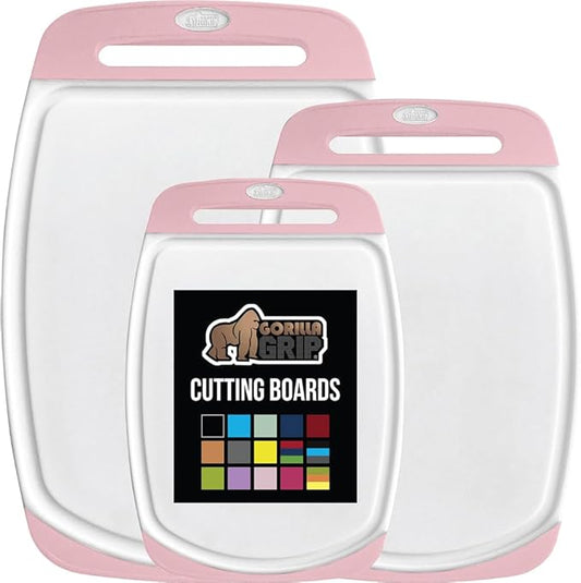 GORILLA GRIP BPA-Free Reversible Kitchen Cutting Board Set of 3, US Designed, Nonporous, Juice Grooves Catch Liquid, Slip Resistant Border, Dishwasher Safe, Durable Large Food Chopping Boards, Pink