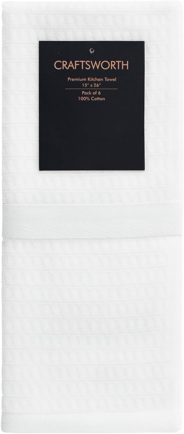 CRAFTSWORTH Kitchen Towels, 15 x 26 Inches, Pack of 6, 400 GSM, 100% Ring Spun Cotton, Striped Solid White Cotton Dish Towels Super Soft and Absorbent, Tea Towel and Bar Towel