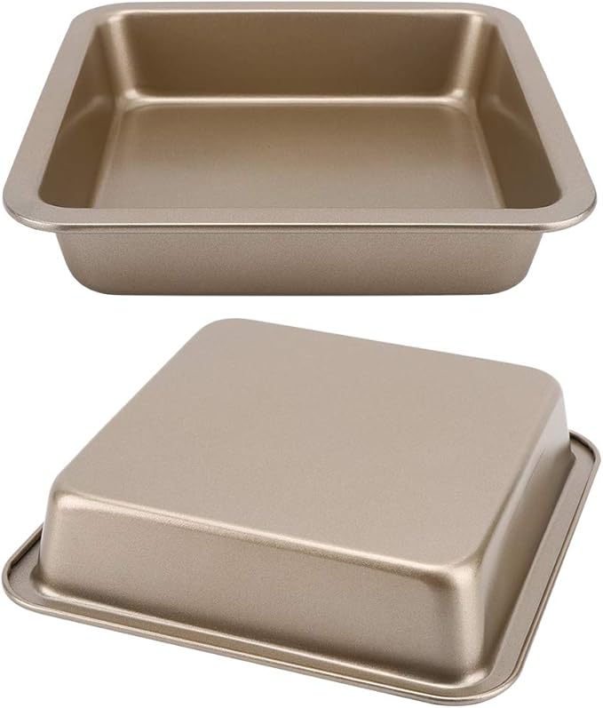 2Pcs Rectangle Cake Pan 8.9x8.9x1.8in (22.5x22.5x4.6cm) - Nonstick Baking Pans for Cakes, Brownies, Lasagna & Cookies, Even Heat Distribution, Dishwasher Safe(Gold)