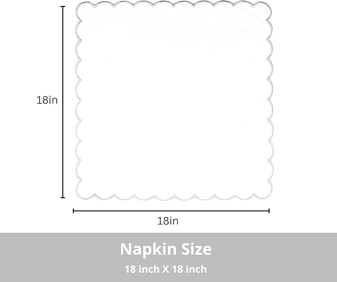 PurpleEssences Scalloped Embroidery Cloth Napkins Christmas Holiday Winter Table Decor 100% Cotton Set of 4-18 x 18 inch - White - Edges - Silver