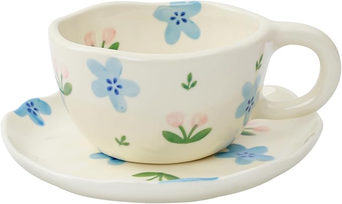 Koythin Ceramic Coffee Mug with Saucers, Handmade Flowers Mugs, Cute Cup for Girl Women, Aesthetic Tea Milk Cup with Handle, 8.5 oz/250 ml for Latte, Cocoa, Office, Home (Blue Flowers and Tulips)