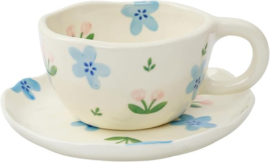 Koythin Ceramic Coffee Mug with Saucers, Handmade Flowers Mugs, Cute Cup for Girl Women, Aesthetic Tea Milk Cup with Handle, 8.5 oz/250 ml for Latte, Cocoa, Office, Home (Blue Flowers and Tulips)