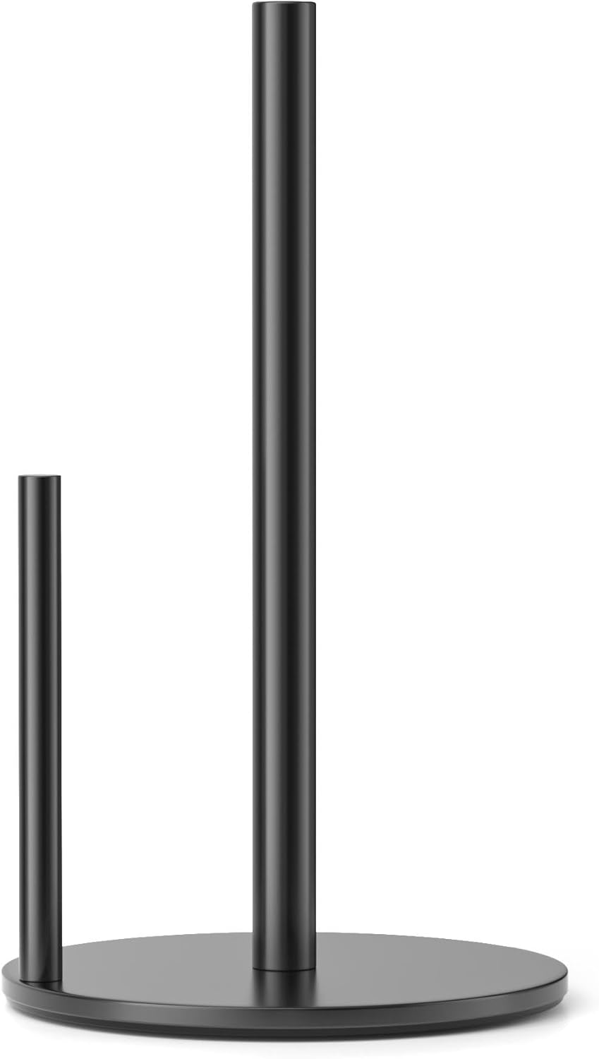 Paper Towel Holder Black, Premium Stainless Steel Kitchen Roll Dispenser, Countertop Roll Organizer with Weighted Base