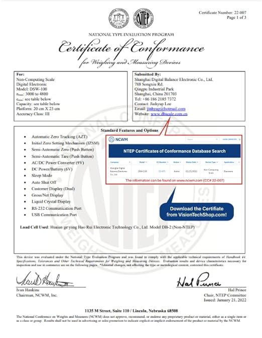 VisionTechShop DSW-100RS POS Interface Portion Food Scale with Most ECR's and POS Systems, Lb/Oz/Kg/g Switchable, 30lb Capacity, 0.01lb Readability, Dual Display, NTEP #22-007, NSF Certified