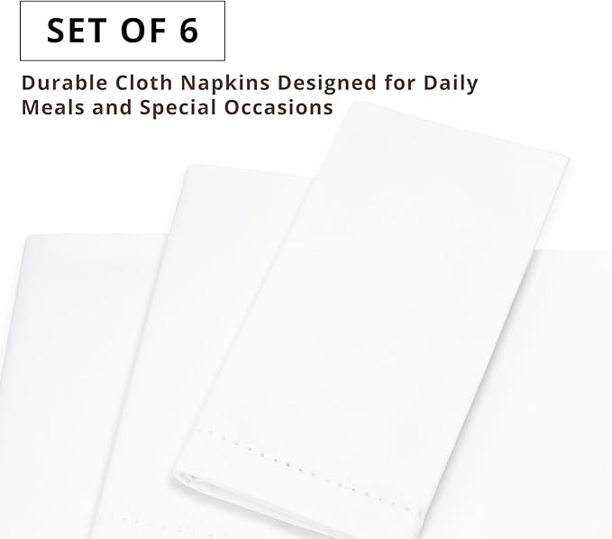 PurpleEssences Set of 6 Hemstitch Cloth Dinner Napkins 100% Cotton - Soft Durable Washable - Ideal for Wedding Christmas Holiday Winter - Perfect Everyday Use Table Linen 18x18 - White