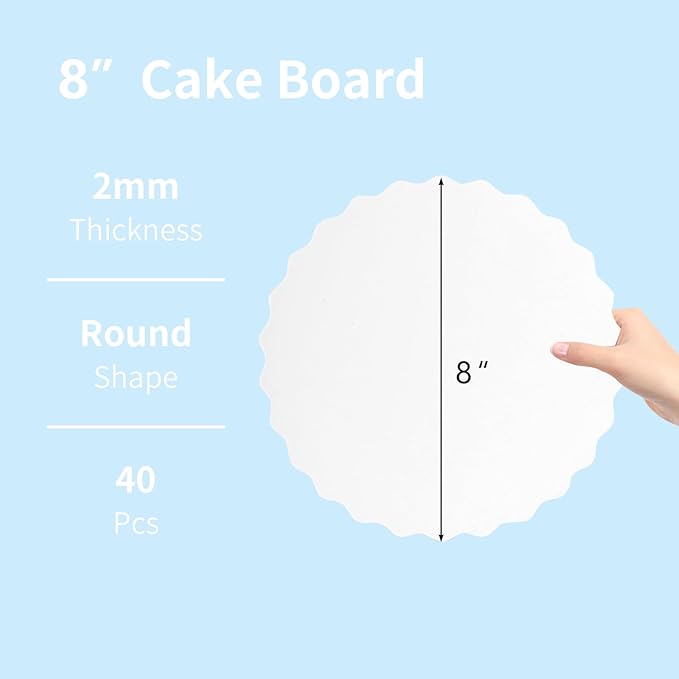 JCD 40pcs White Wave Cake Boards,8inch Wave Circles Rounds Base, Food-Grade Cardboard Wave Cake Plate-Thinner But Stronger (White Wave, 8inch/40Pcs)