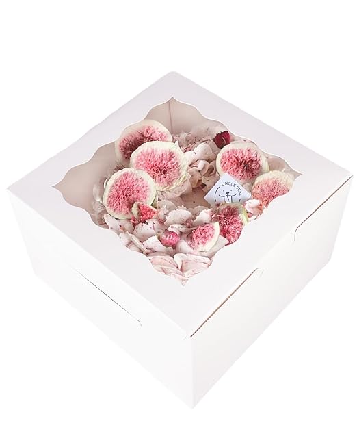 qiqee White 6x6x5 Cake Box, 4 Sets White Cake Box with Window ＆ 4 Sets 6" White Cake Round Boards, 6inch Cake Containers